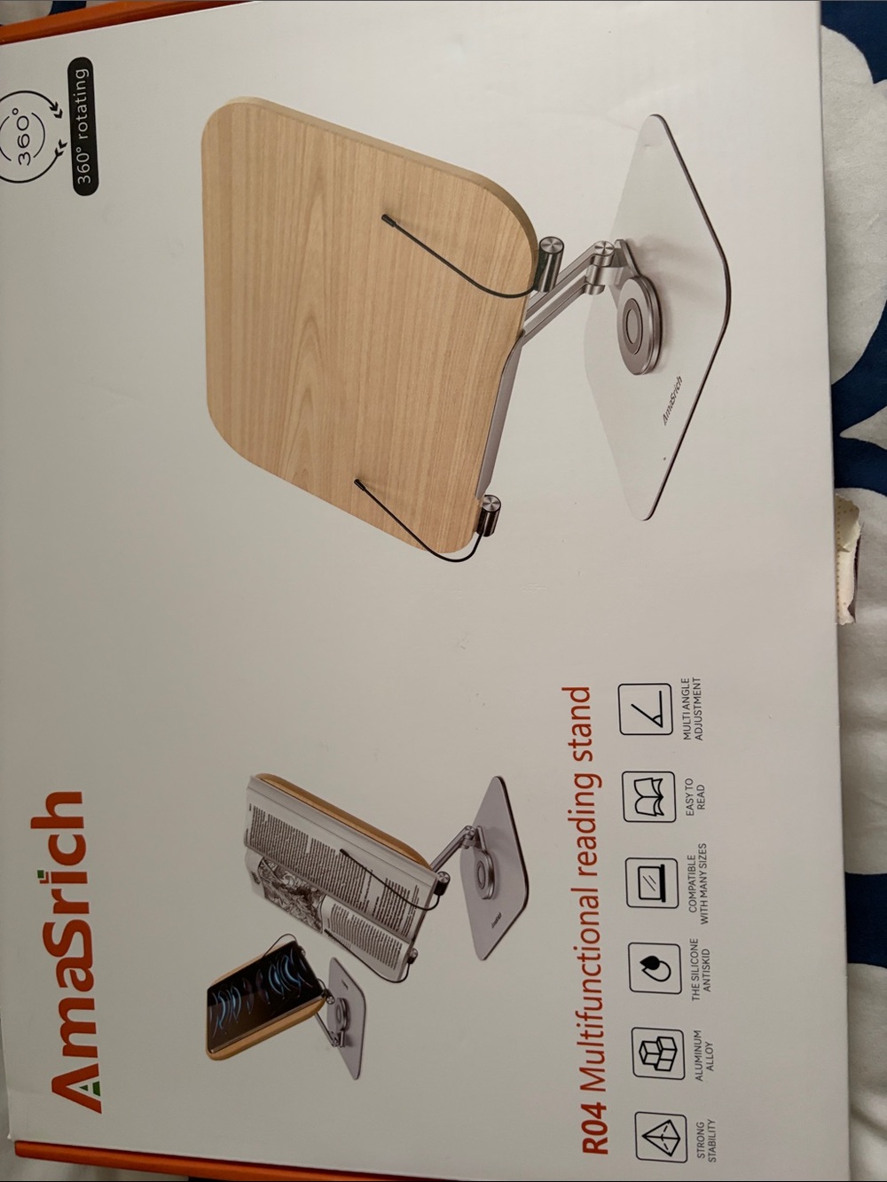 Amazon Amasrich Desktop Reading Stand in Light Wood and Silver